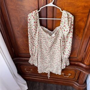 Princess Polly Cream Floral Smocked Mini Dress with Pink & Green Print
